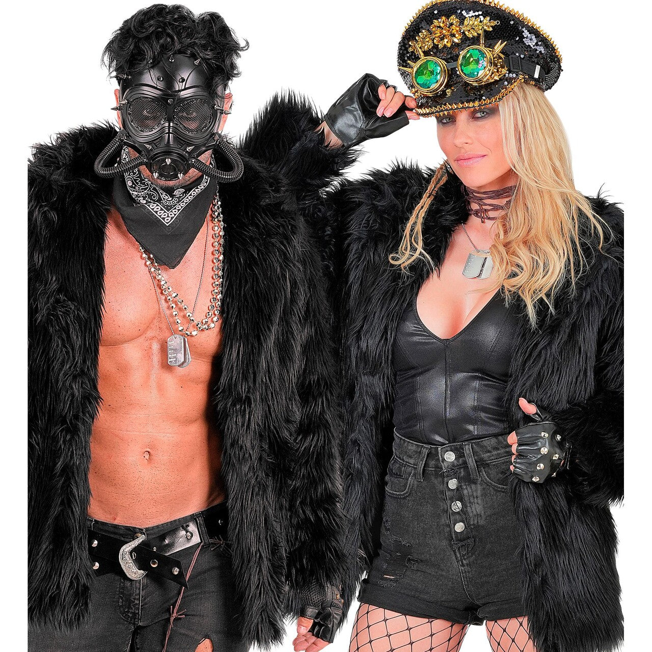 Op deze afbeelding zie je een Kostuums, van het merk Widmann. Zwarte Bontjas Punk Rock