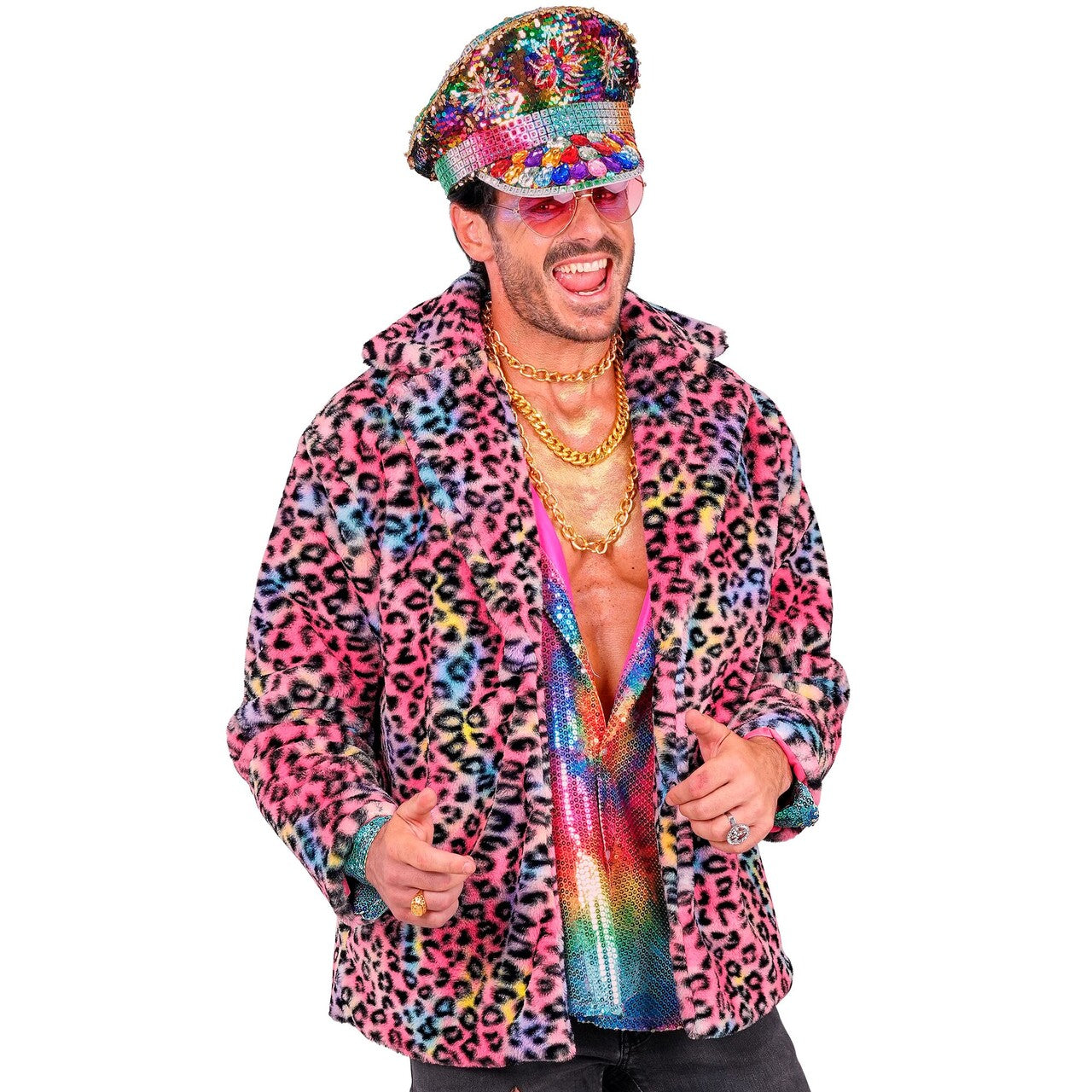 Op deze afbeelding zie je een Kostuums, van het merk Widmann. Bontjas Luipaard Print Kleurenfeest