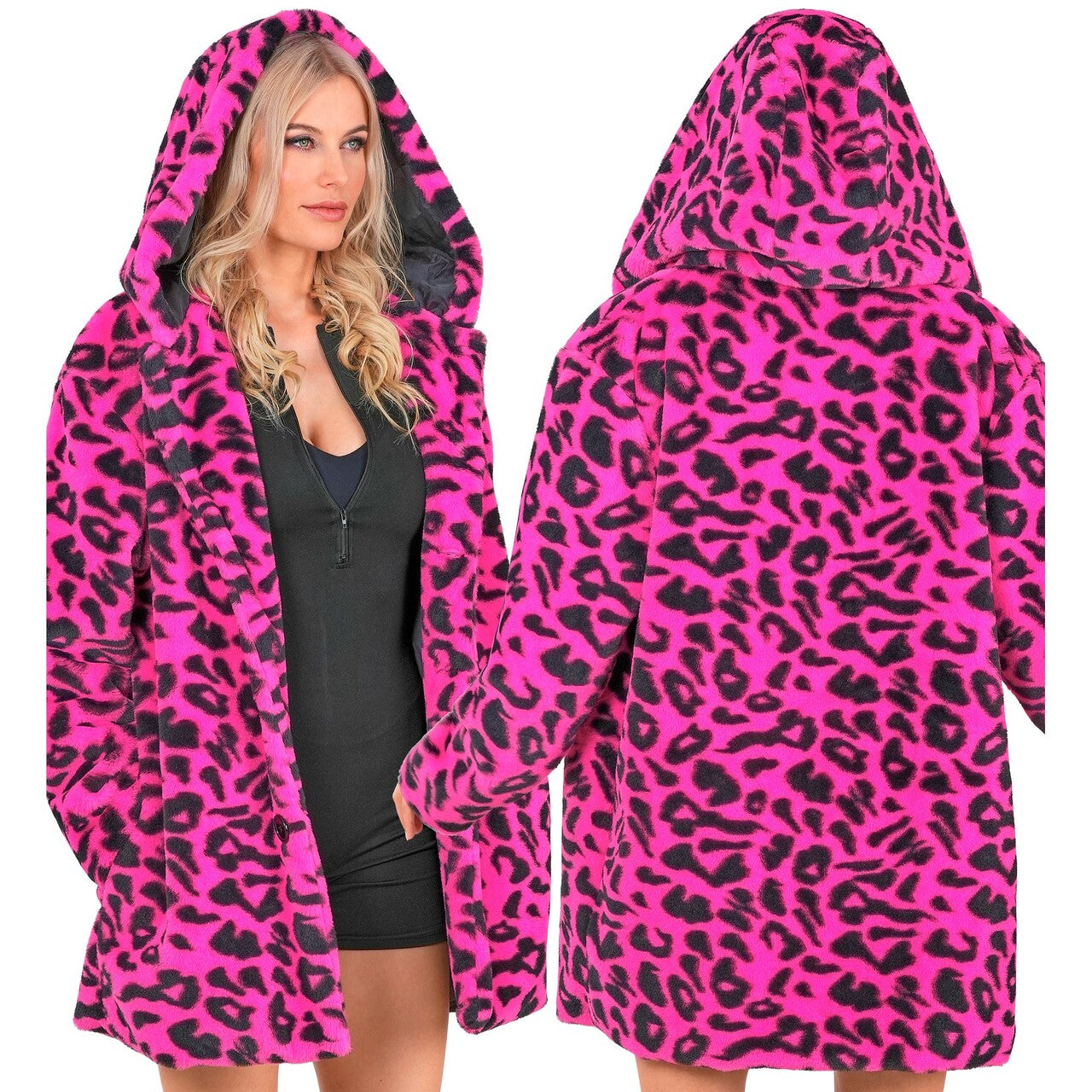 Op deze afbeelding zie je een Kostuums, van het merk Widmann. Bontjas Met Capuchon Cosy Snuggles Luipaard Roze