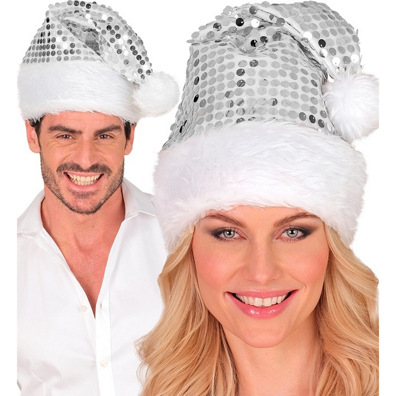 Op deze afbeelding zie je een Accessoires, van het merk Widmann. Glitter Bling Kerst Muts Met Pailletten Zilver