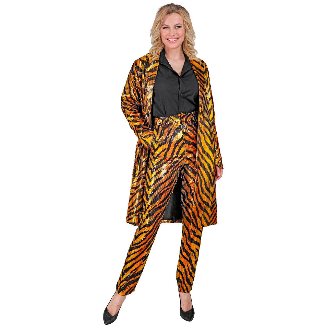 Op deze afbeelding zie je een Kostuums, van het merk Widmann. Tiger Lightning Pailletten Wild Feest Jas