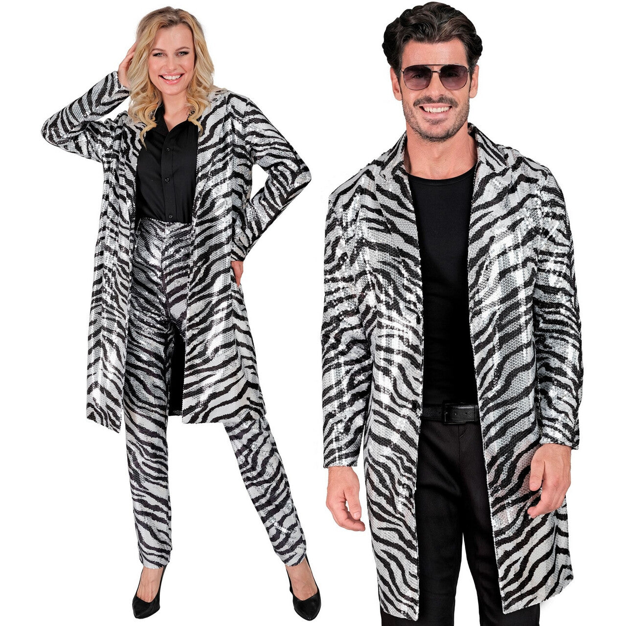 Op deze afbeelding zie je een Kostuums, van het merk Widmann. Shiney Stripes Pailletten Jas Zebra