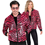 Op deze afbeelding zie je een Kostuums, van het merk Widmann. Bomberjack Pailletten Jas Roze Animal Stripes