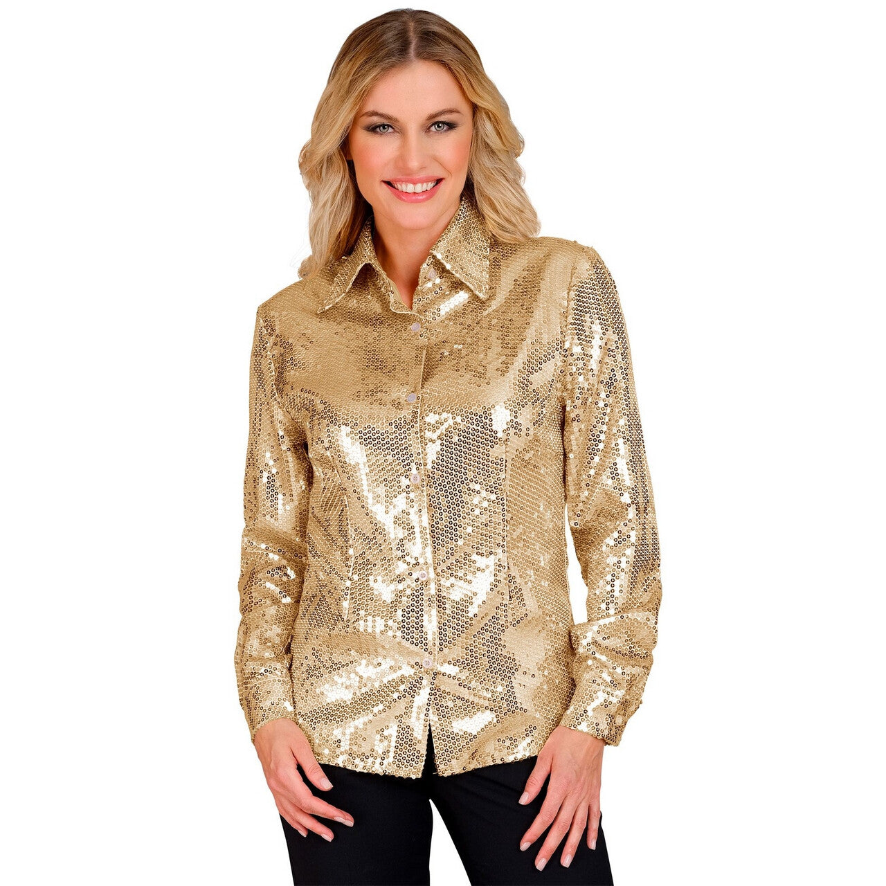 Op deze afbeelding zie je een Kostuums, van het merk Widmann. Pailletten Blouse Goldnight Vrouw