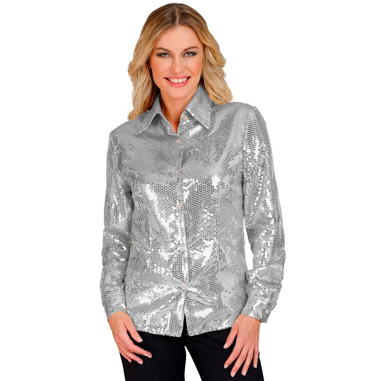 Op deze afbeelding zie je een Kostuums, van het merk Widmann. Pailletten Blouse Silver Shine Vrouw