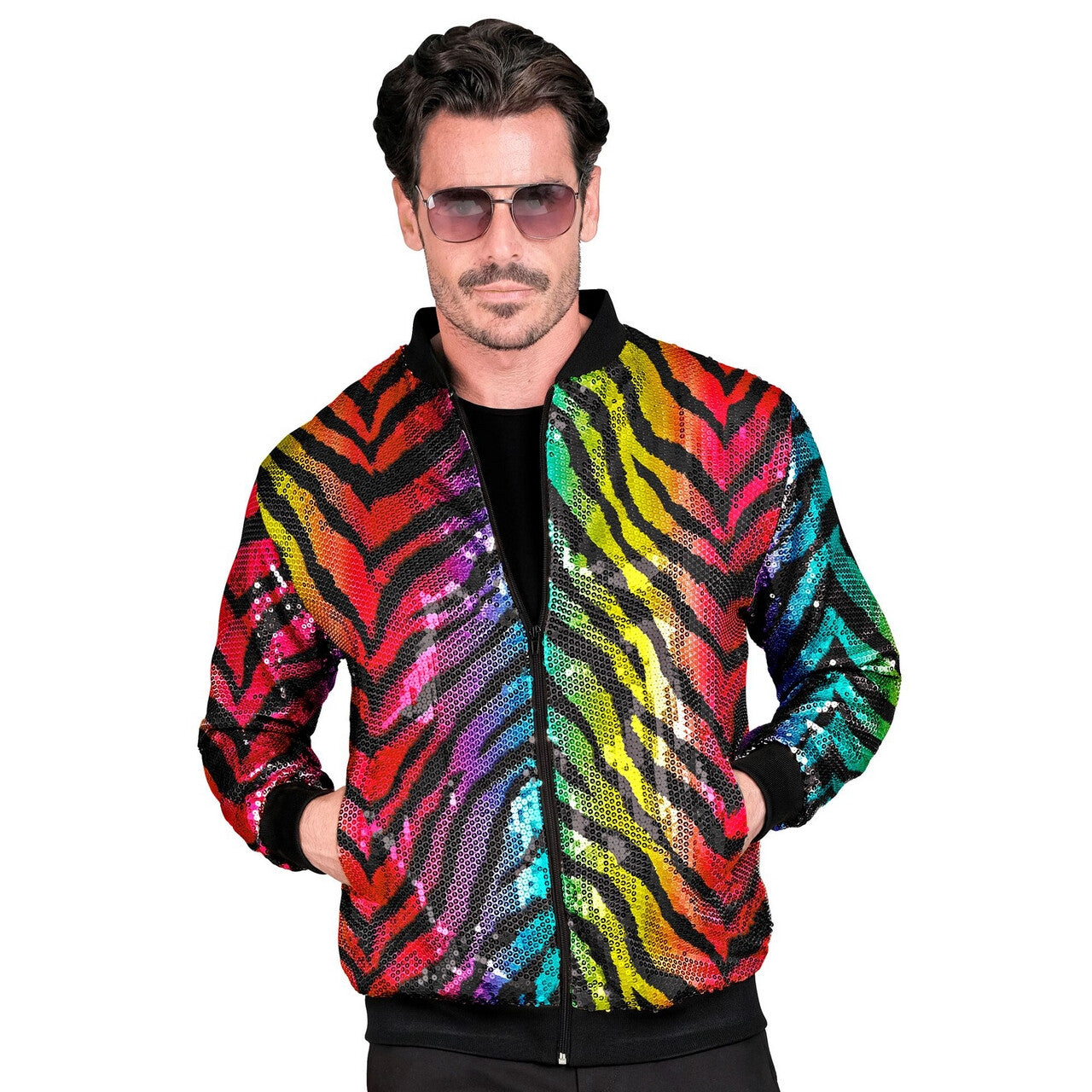 Op deze afbeelding zie je een Kostuums, van het merk Widmann. Bomberjack Rainbow Tiger Pailletten Jas