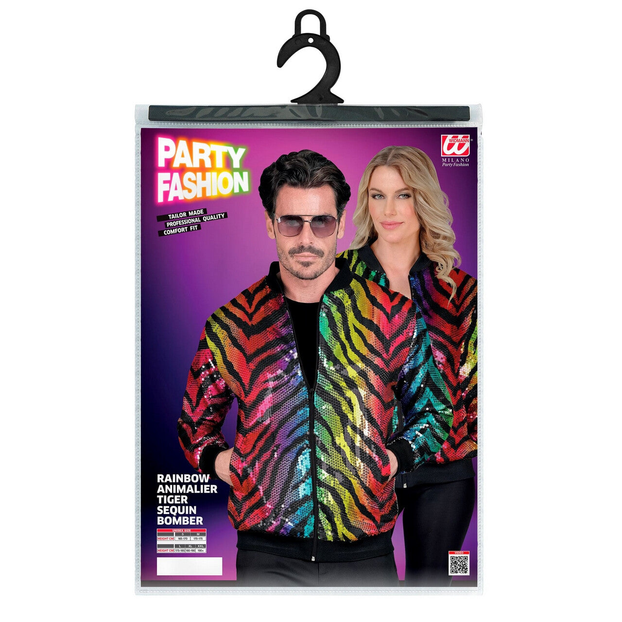 Op deze afbeelding zie je een Kostuums, van het merk Widmann. Bomberjack Rainbow Tiger Pailletten Jas