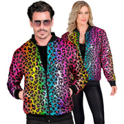 Op deze afbeelding zie je een Kostuums, van het merk Widmann. Bomberjack Regenboog Jungle Party Luipaard Jas