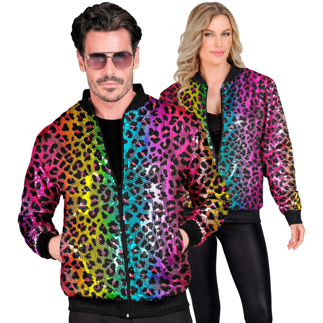 Op deze afbeelding zie je een Kostuums, van het merk Widmann. Bomberjack Regenboog Jungle Party Luipaard Jas