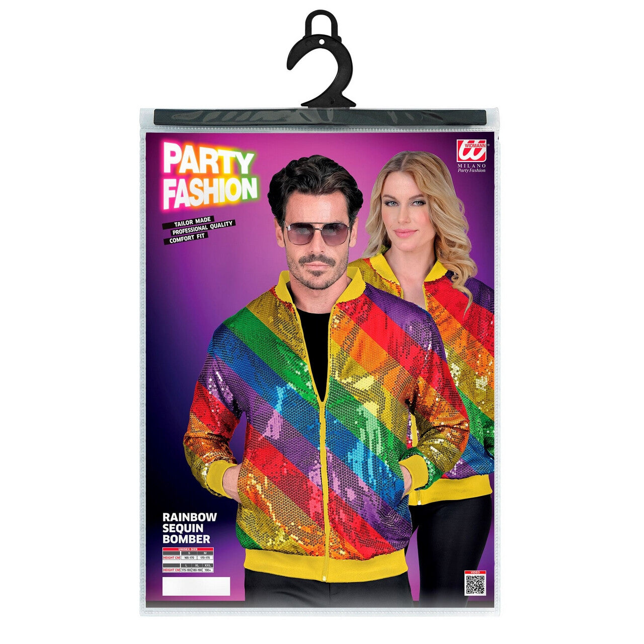 Op deze afbeelding zie je een Kostuums, van het merk Widmann. Bomberjack Regenboog Strepen Jas