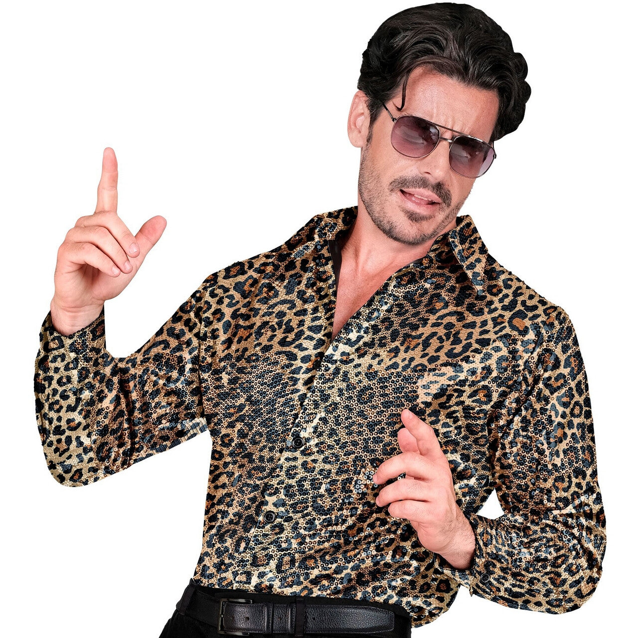 Op deze afbeelding zie je een Kostuums, van het merk Widmann. Mega Foute Luipaard Pooier Overhemd Pailletten Man
