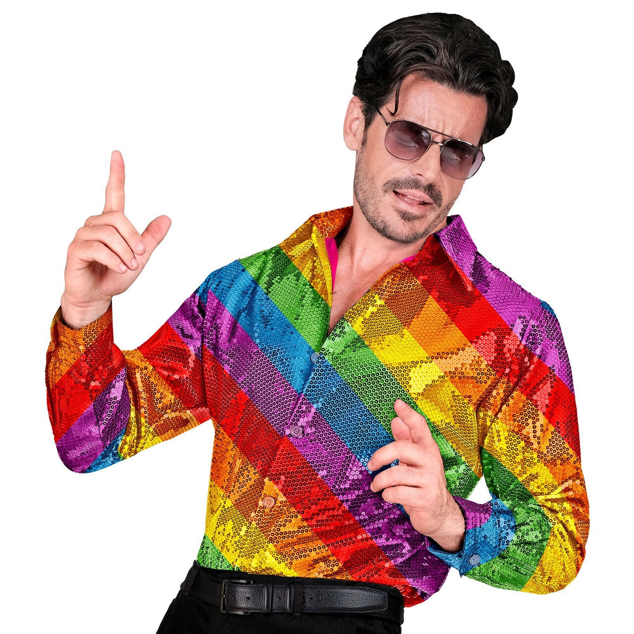 Op deze afbeelding zie je een Kostuums, van het merk Widmann. Rainbow Stripes Pailletten Overhemd Man