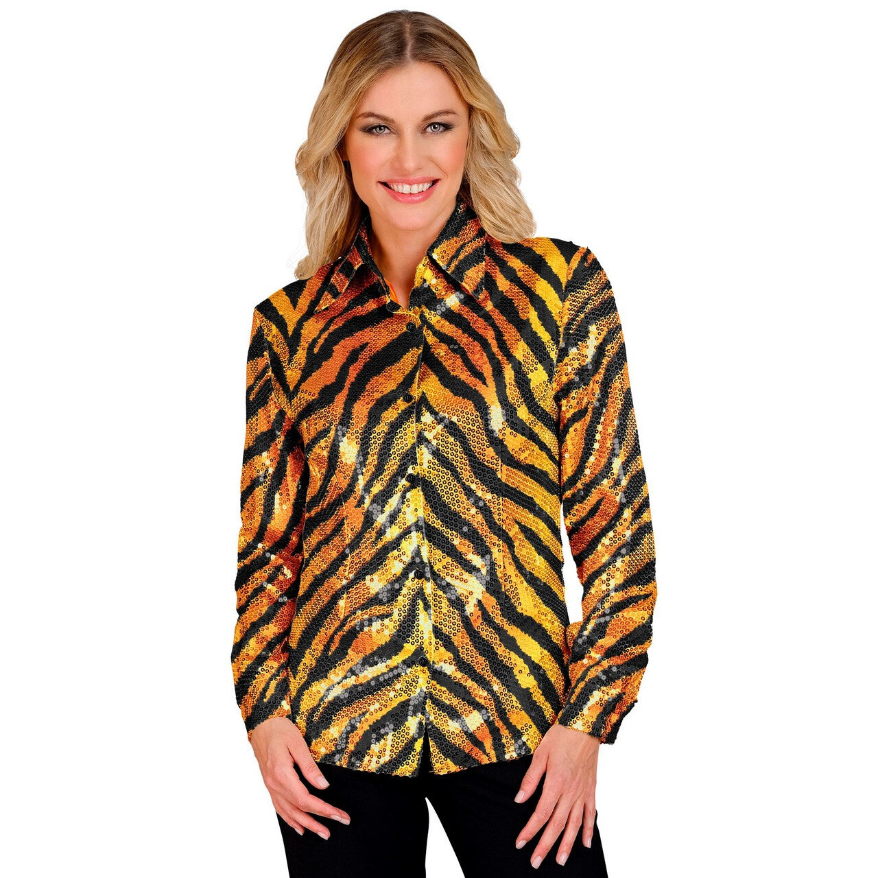 Op deze afbeelding zie je een Kostuums, van het merk Widmann. Pailletten Blouse Tigerwild Vrouw
