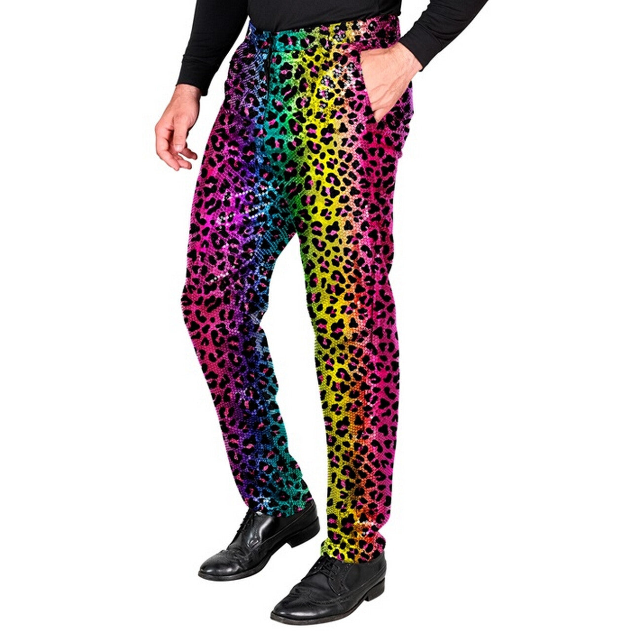 Op deze afbeelding zie je een Kostuums, van het merk Widmann. Super Foute Regenboog Luipaardprint Broek Man