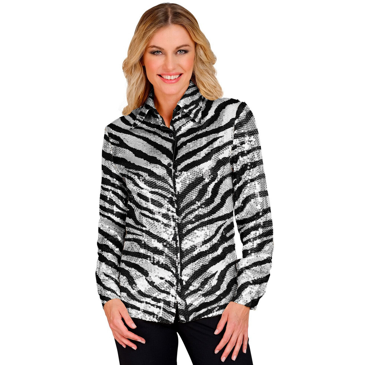 Op deze afbeelding zie je een Kostuums, van het merk Widmann. Pailletten Blouse Zilver Tijgerprint Vrouw