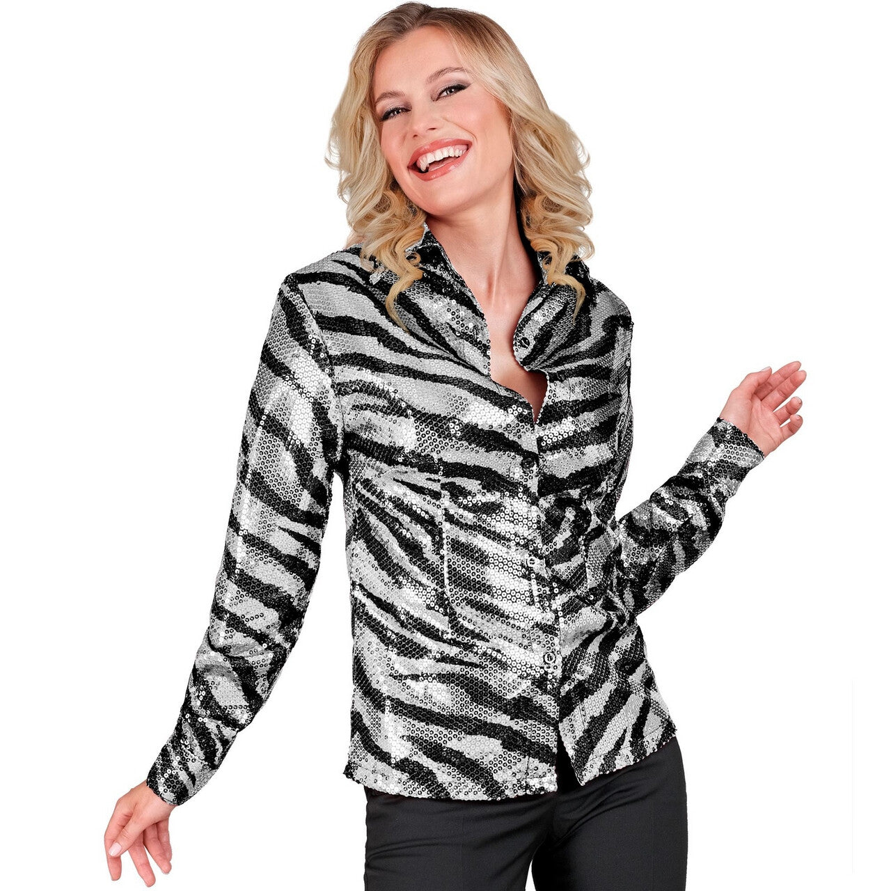 Op deze afbeelding zie je een Kostuums, van het merk Widmann. Pailletten Blouse Zilver Tijgerprint Vrouw