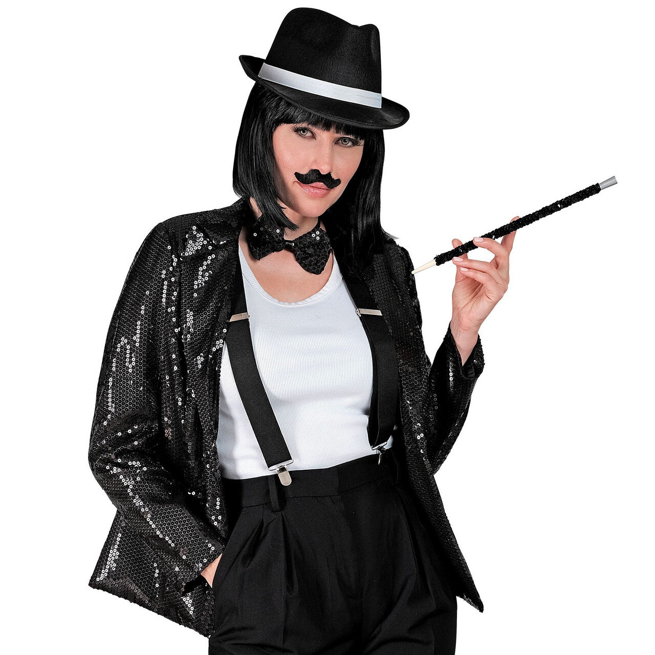 Op deze afbeelding zie je een Kostuums, van het merk Widmann. Pailletten Blazer Zwart Showgirl Patty Bling Vrouw