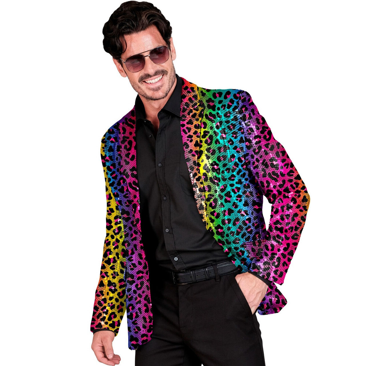 Op deze afbeelding zie je een Kostuums, van het merk Widmann. Pailletten Kleuren Feest Luipaard Colbert Man