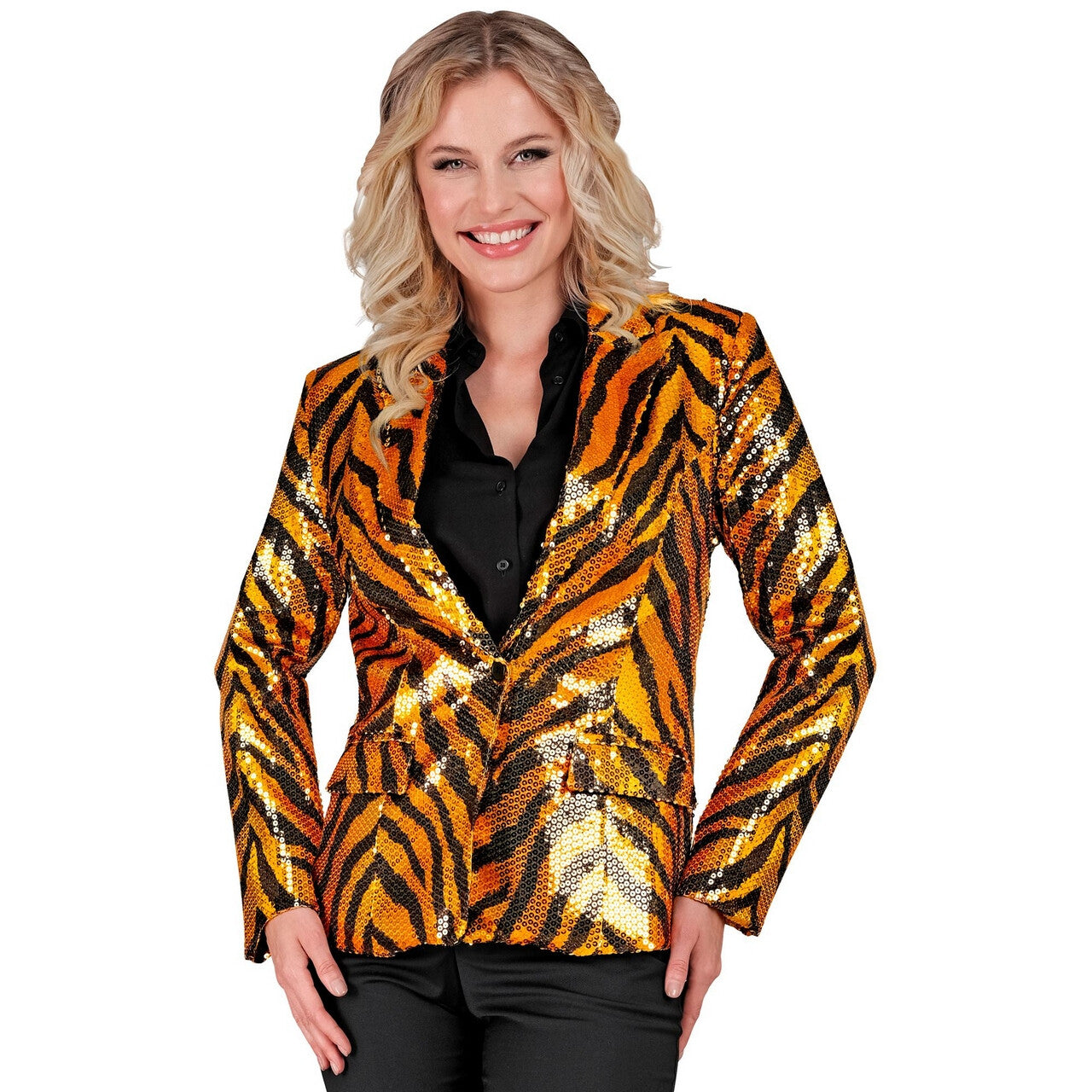 Op deze afbeelding zie je een Kostuums, van het merk Widmann. Pailletten Blazer Big Cat Tigerlove Vrouw