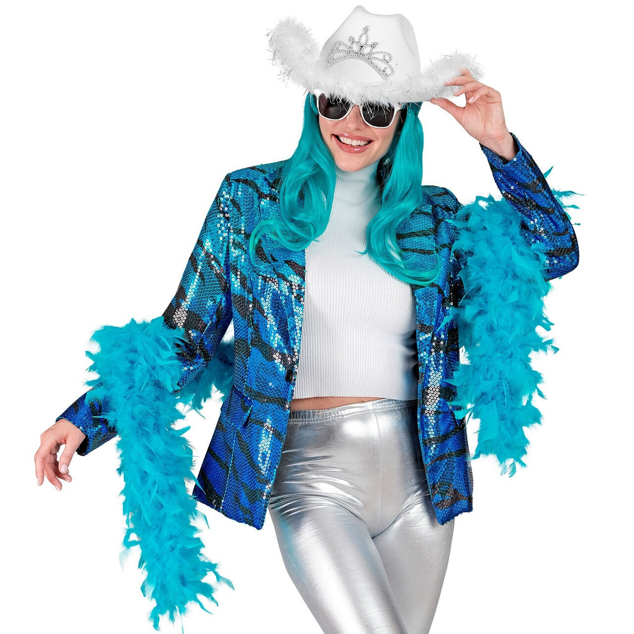 Op deze afbeelding zie je een Kostuums, van het merk Widmann. Pailletten Blazer Blue Wave Vrouw