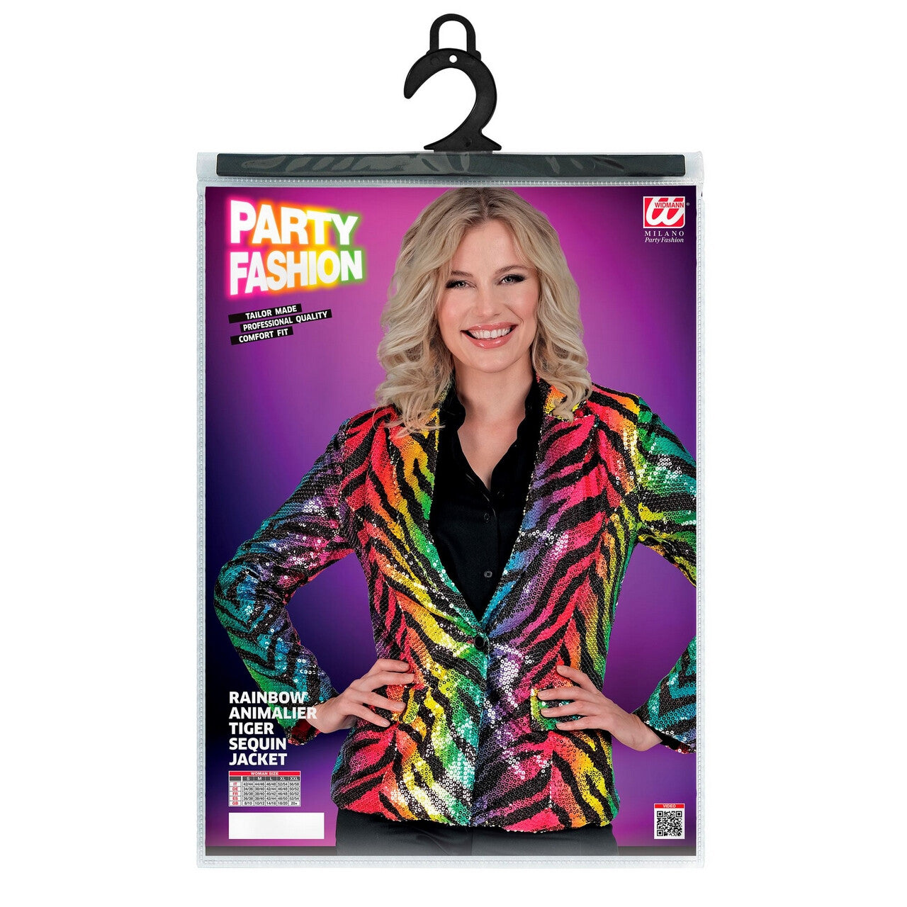 Op deze afbeelding zie je een Kostuums, van het merk Widmann. Pailletten Blazer Crazy Rainbow Stripes Vrouw