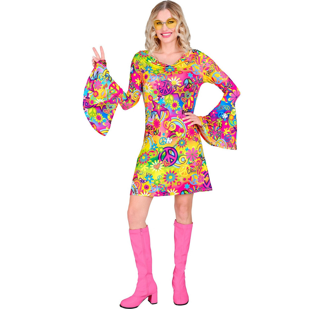 Op deze afbeelding zie je een Kostuums, van het merk Widmann. Super 60s Peace And Love Jurk Vrouw