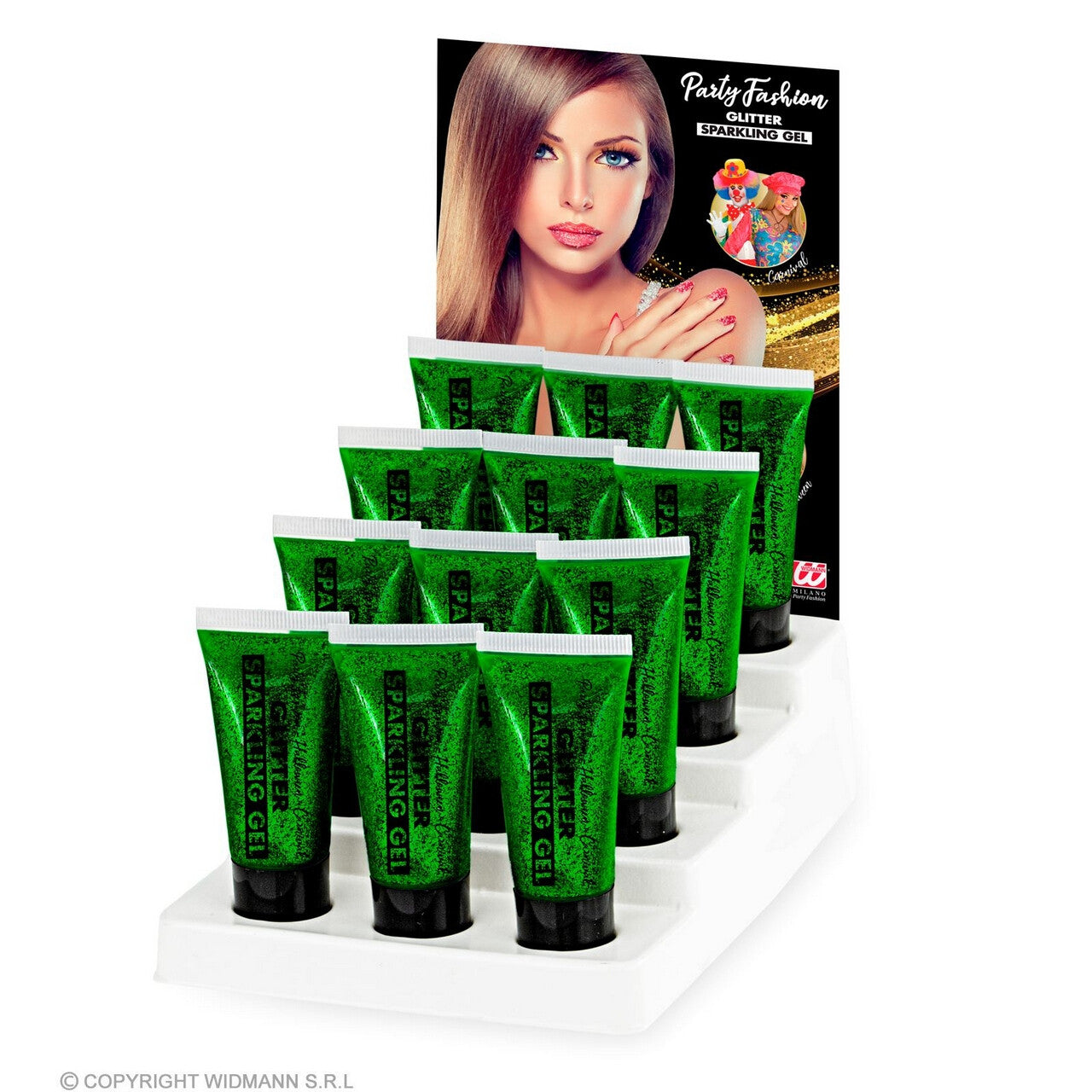 Op deze afbeelding zie je een Accessoires, van het merk Widmann. Sparkling Make-Up Gel Glitters Groen, 25 Milliliter