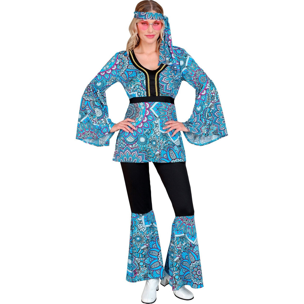 Op deze afbeelding zie je een Kostuums, van het merk Widmann. Mandala Dance Hippie Jaren 60 Blauw Vrouw Kostuum