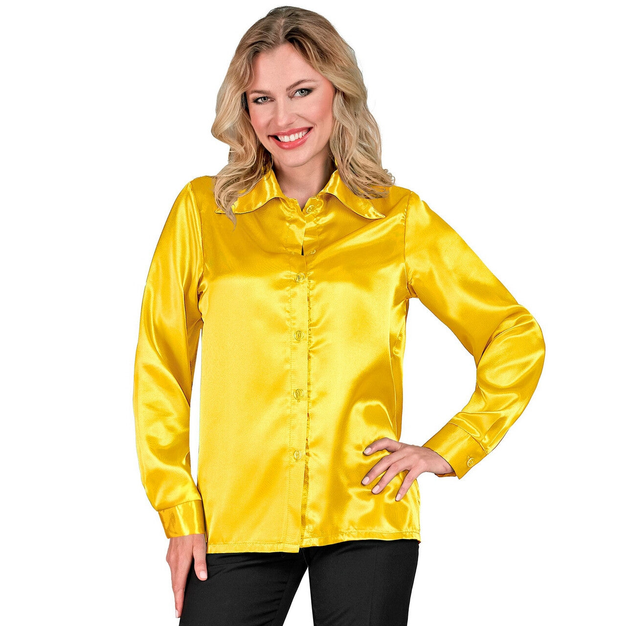 Op deze afbeelding zie je een Kostuums, van het merk Widmann. Jaren 70 Blouse Satijn Geel Vrouw