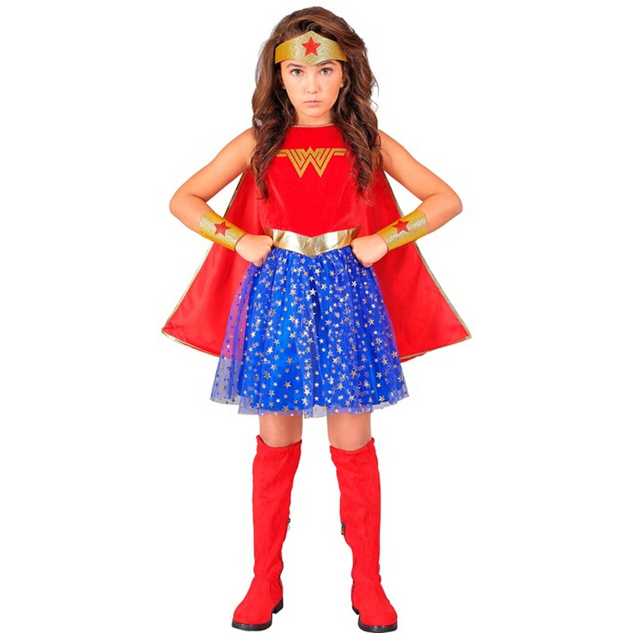Op deze afbeelding zie je een Kostuums, van het merk Widmann. Mega Stoere Superheldin Wonder Girl Meisje Kostuum