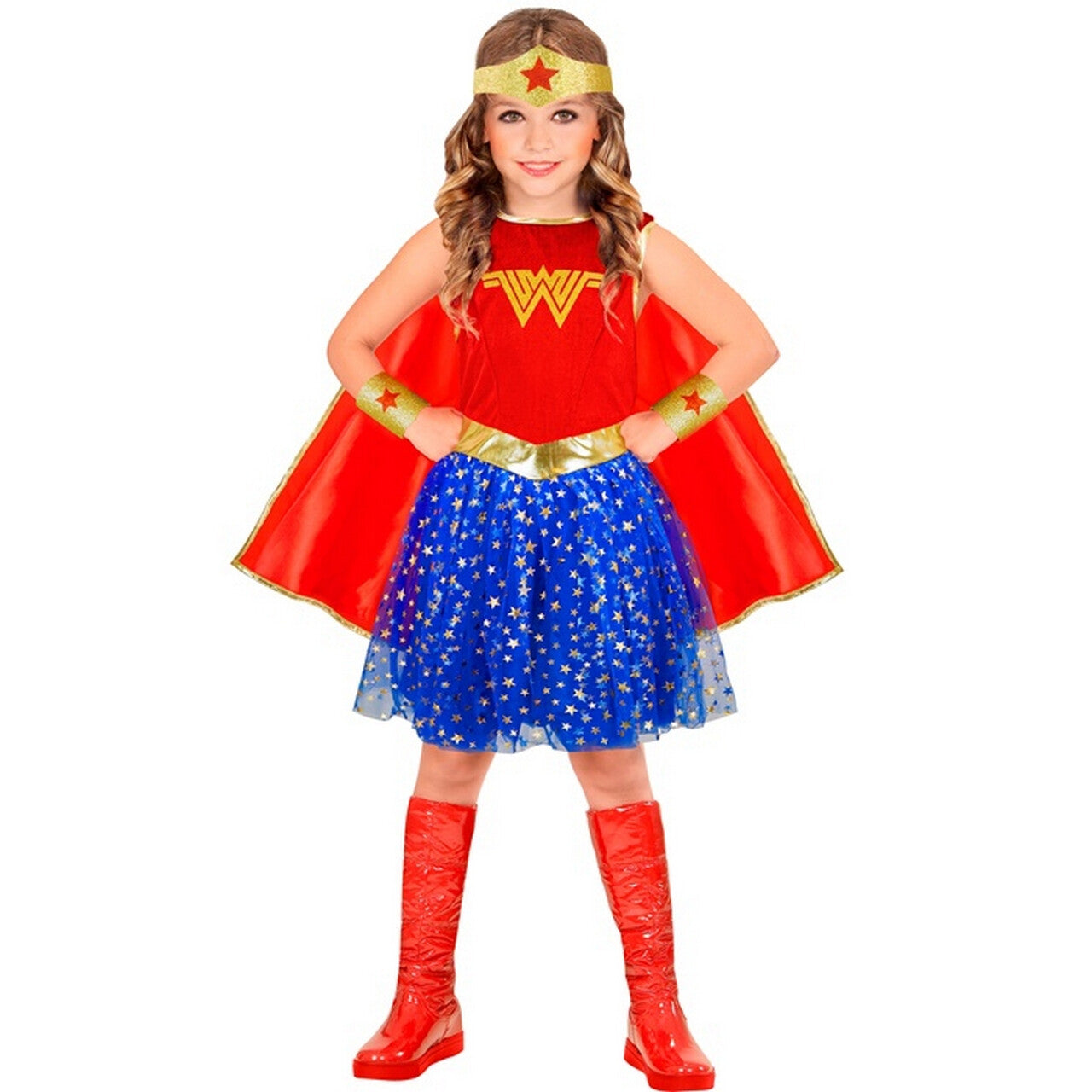 Op deze afbeelding zie je een Kostuums, van het merk Widmann. Mega Stoere Superheldin Wonder Girl Meisje Kostuum