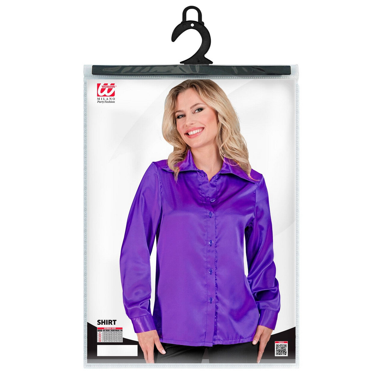 Op deze afbeelding zie je een Kostuums, van het merk Widmann. Jaren 70 Blouse Satijn Paars Vrouw