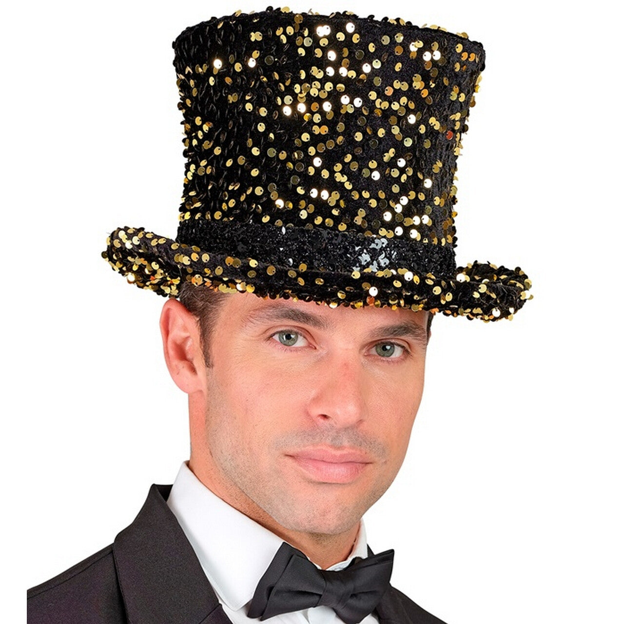 Op deze afbeelding zie je een Accessoires, van het merk Widmann. Hoge Hoed Midnight Pailletten Glam Goud