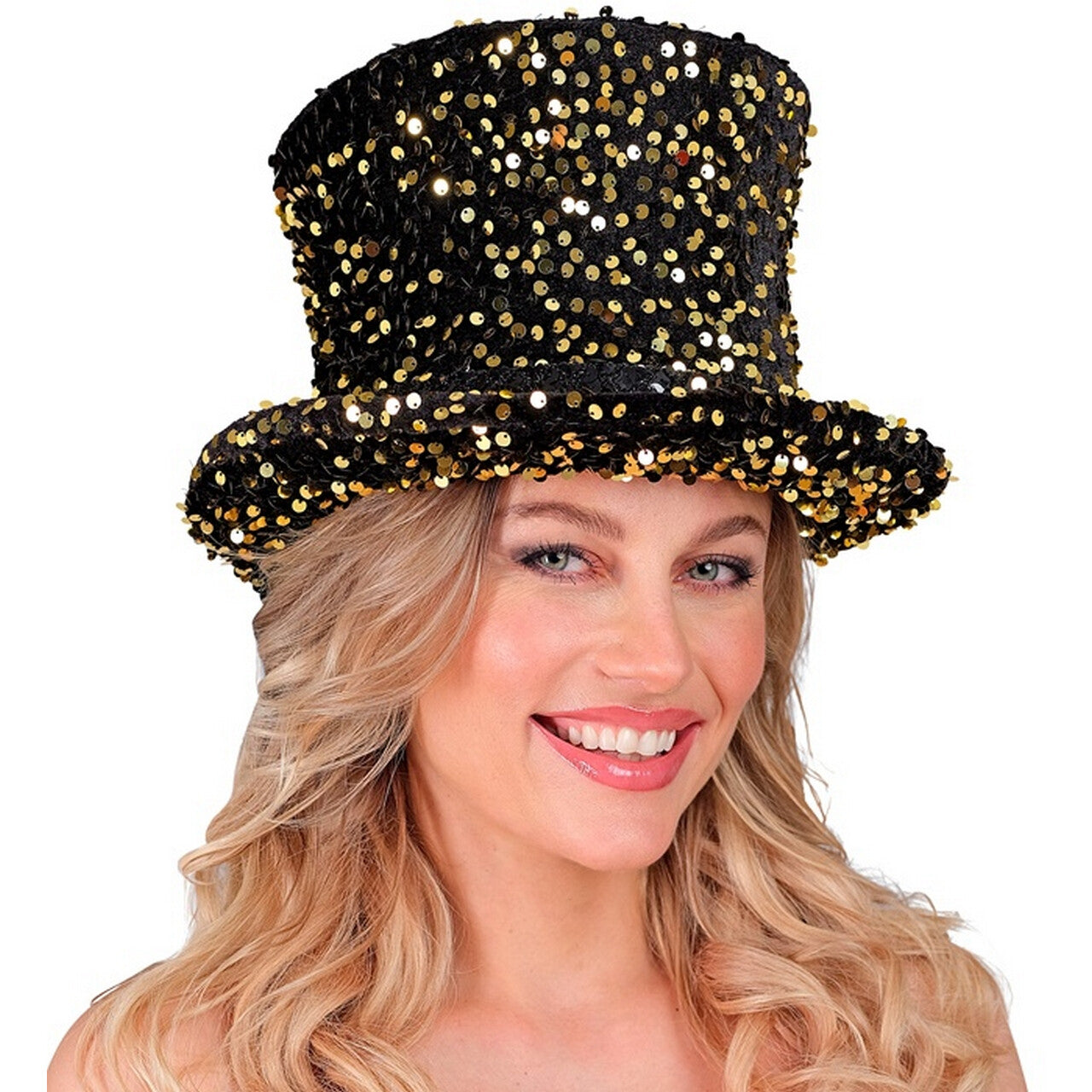 Op deze afbeelding zie je een Accessoires, van het merk Widmann. Hoge Hoed Midnight Pailletten Glam Goud
