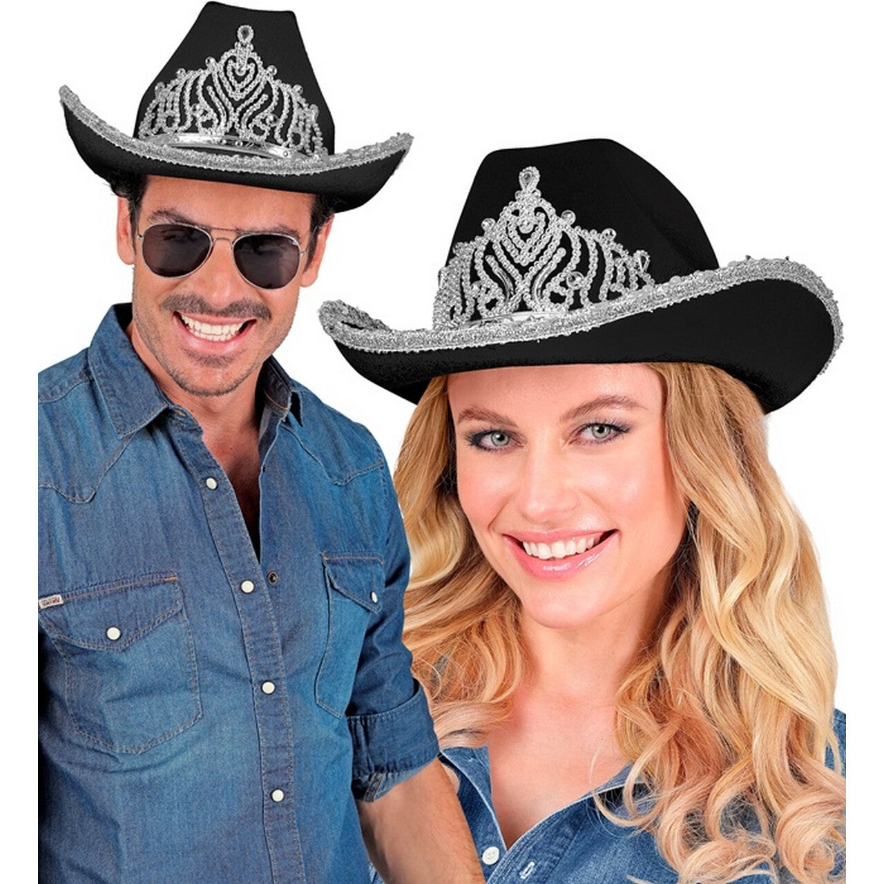 Op deze afbeelding zie je een Accessoires, van het merk Widmann. Glam Cowboy Hoed Zwart Met Zilver