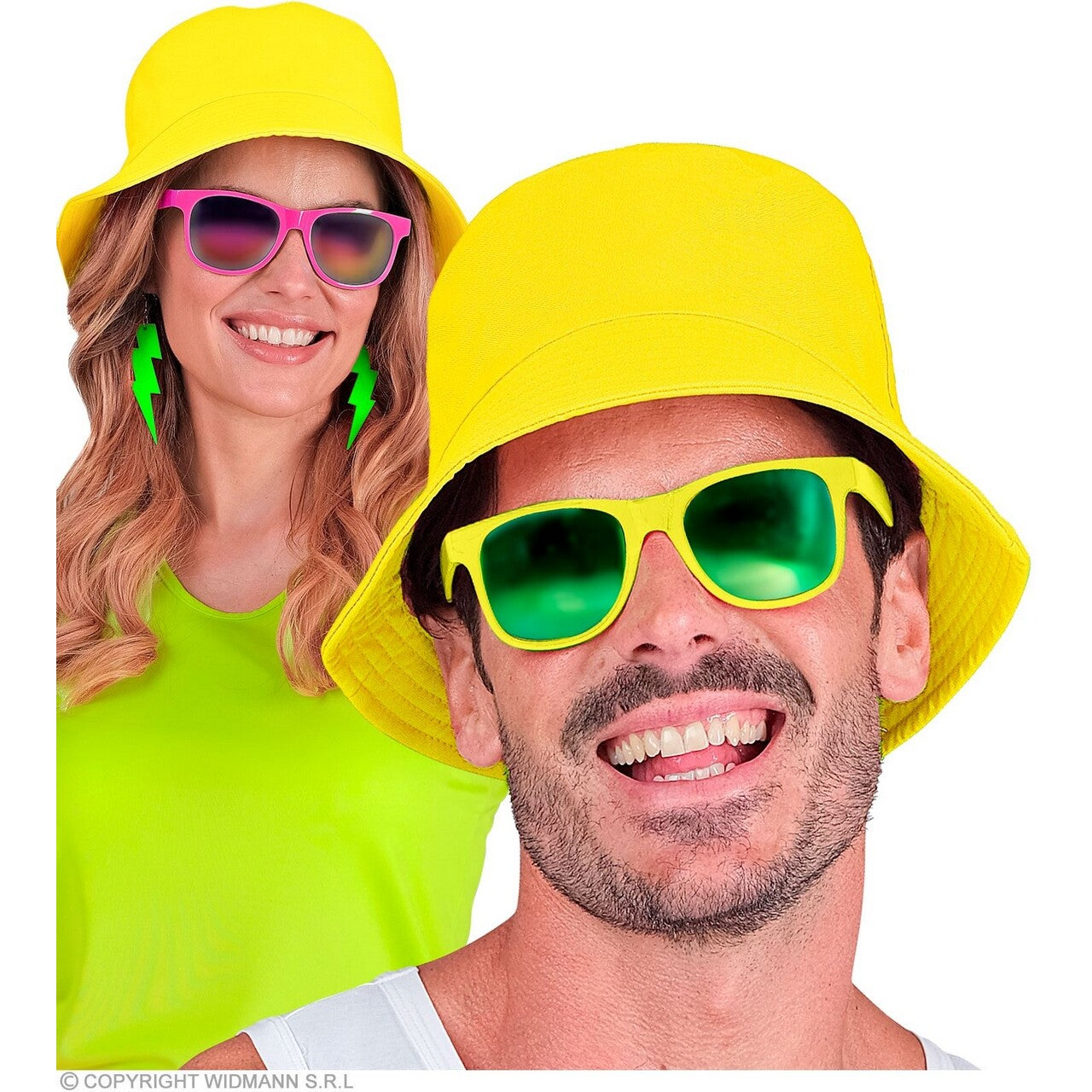 Op deze afbeelding zie je een Accessoires, van het merk Widmann. Bucket Hat Neon Geel Pop Festival
