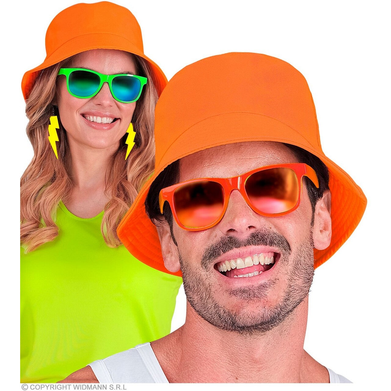 Op deze afbeelding zie je een Accessoires, van het merk Widmann. Bucket Hat Neon Oranje Pop Festival