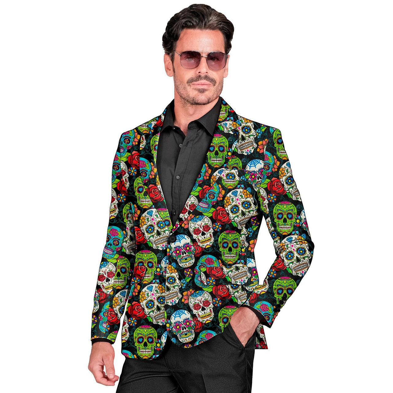 Op deze afbeelding zie je een Kostuums, van het merk Widmann. Flower Skulls Colbert Man