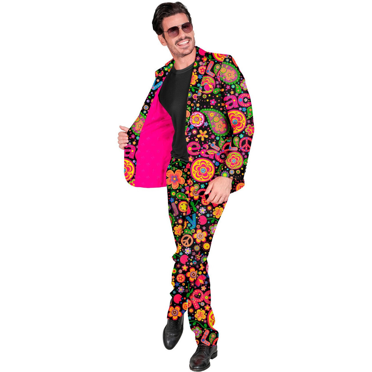 Op deze afbeelding zie je een Kostuums, van het merk Widmann. Neon Peace Power Man Kostuum