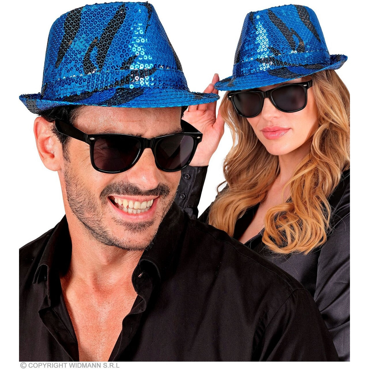 Op deze afbeelding zie je een Accessoires, van het merk Widmann. Pailletten Gangster Hoed Blauwe Oceaan Blauw