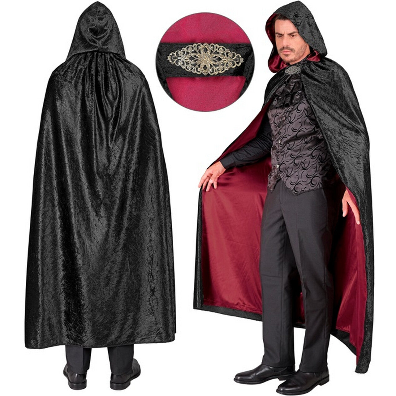 Op deze afbeelding zie je een Kostuums, van het merk Widmann. Zwarte Lange Fluwelen Cape Met Kap 140 Centimeter