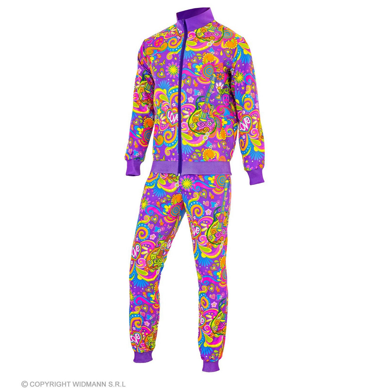 Op deze afbeelding zie je een Kostuums, van het merk Widmann. Purple Paisley Love Will Win Trainingspak Kostuum