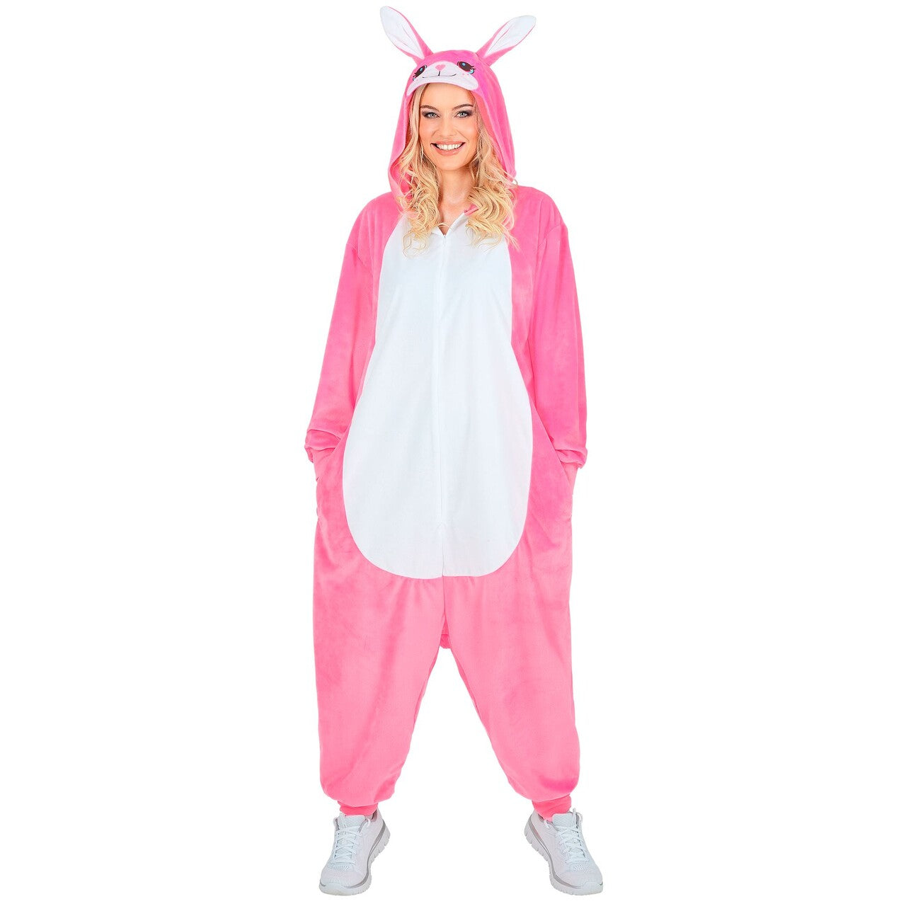 Op deze afbeelding zie je een Kostuums, van het merk Widmann. Roze Paaskonijn Onesie Kostuum