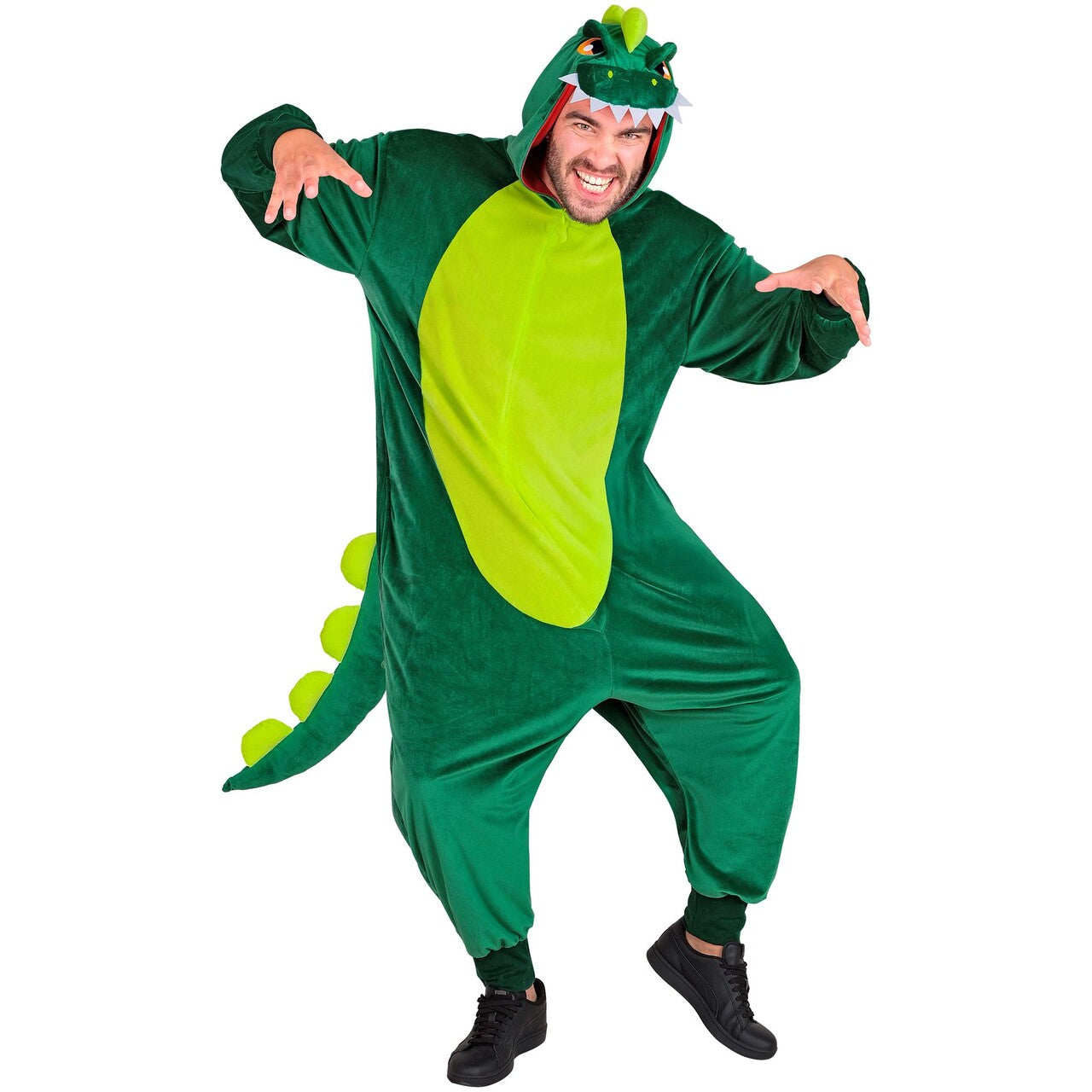 Op deze afbeelding zie je een Kostuums, van het merk Widmann. Ongevaarlijke Dino Onesie Kostuum
