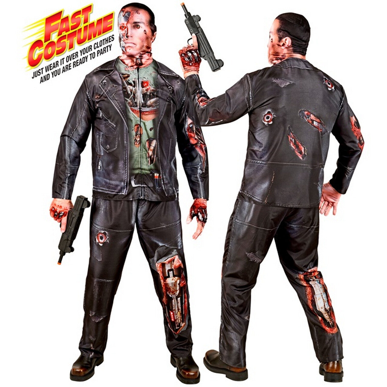 Op deze afbeelding zie je een Kostuums, van het merk Widmann. Gehavende Cyborg Half Mens Half Robot Man Kostuum