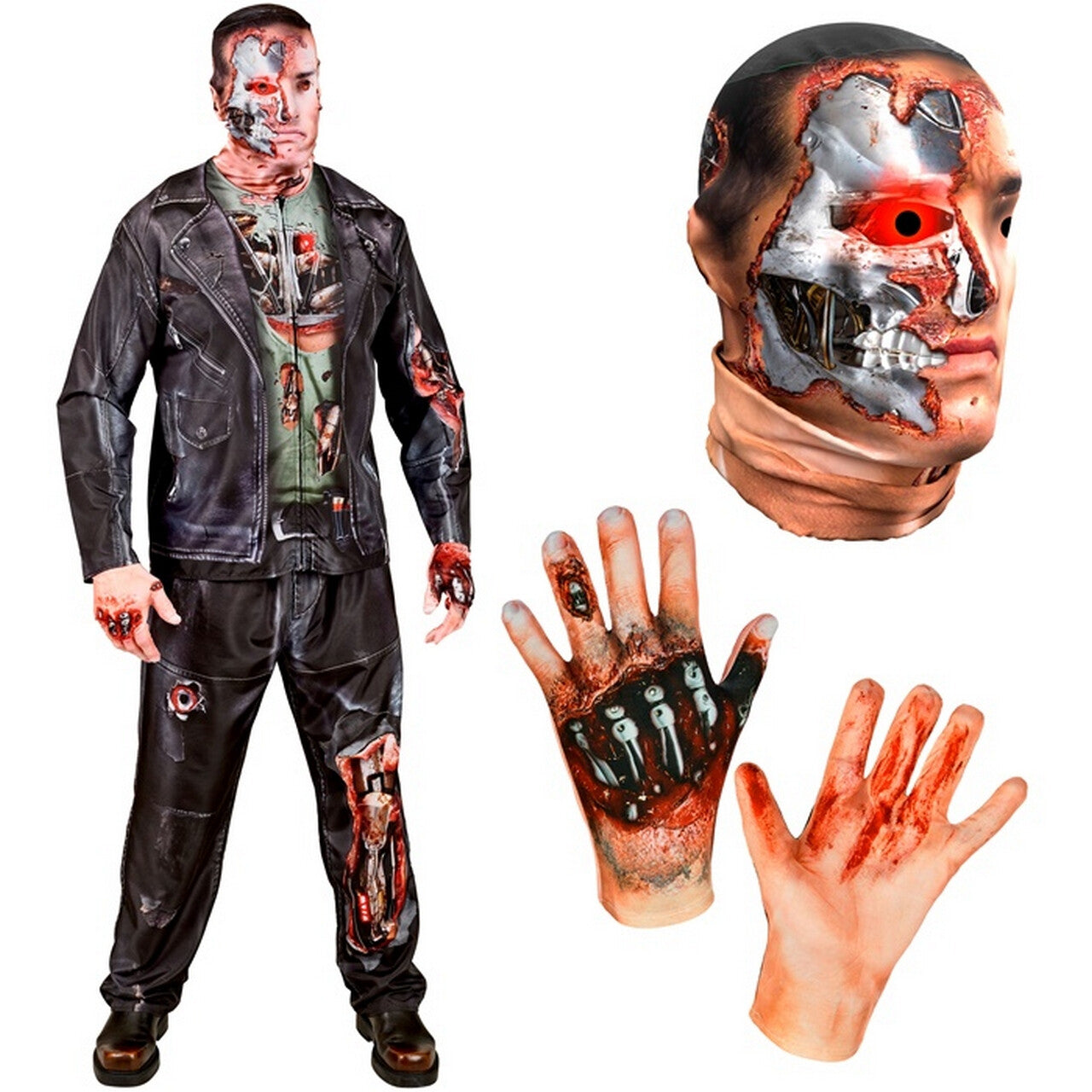 Op deze afbeelding zie je een Kostuums, van het merk Widmann. Gehavende Cyborg Half Mens Half Robot Man Kostuum
