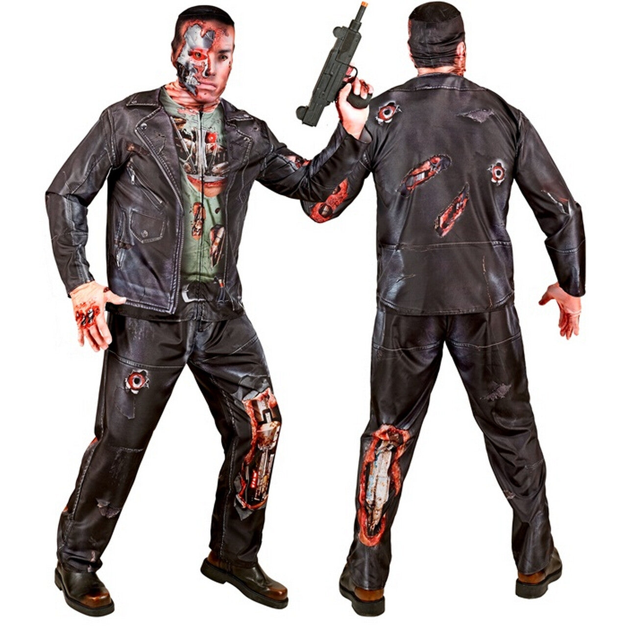 Op deze afbeelding zie je een Kostuums, van het merk Widmann. Gehavende Cyborg Half Mens Half Robot Man Kostuum