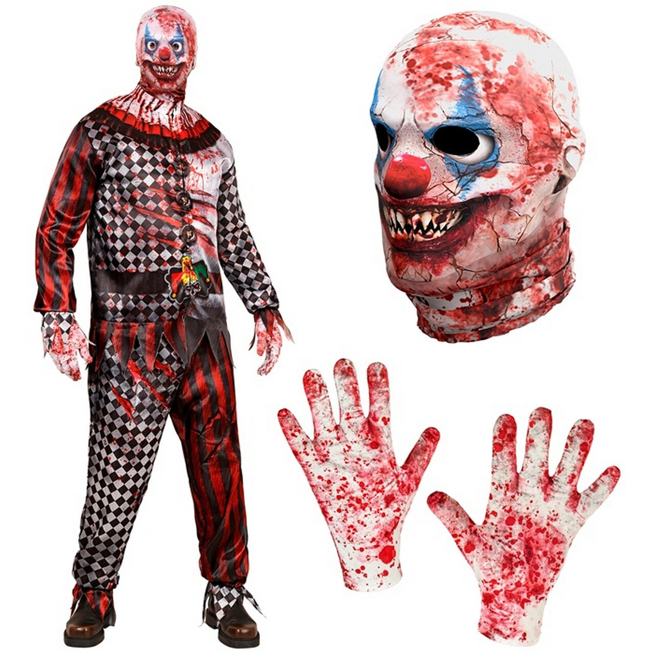 Op deze afbeelding zie je een Kostuums, van het merk Widmann. Bloederige Killer Joker Man Kostuum