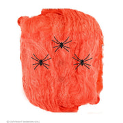 Op deze afbeelding zie je een Decoratie, van het merk Widmann. Spinnenweb Oranje Met 3 Zwarte Spinnen 50 Gram
