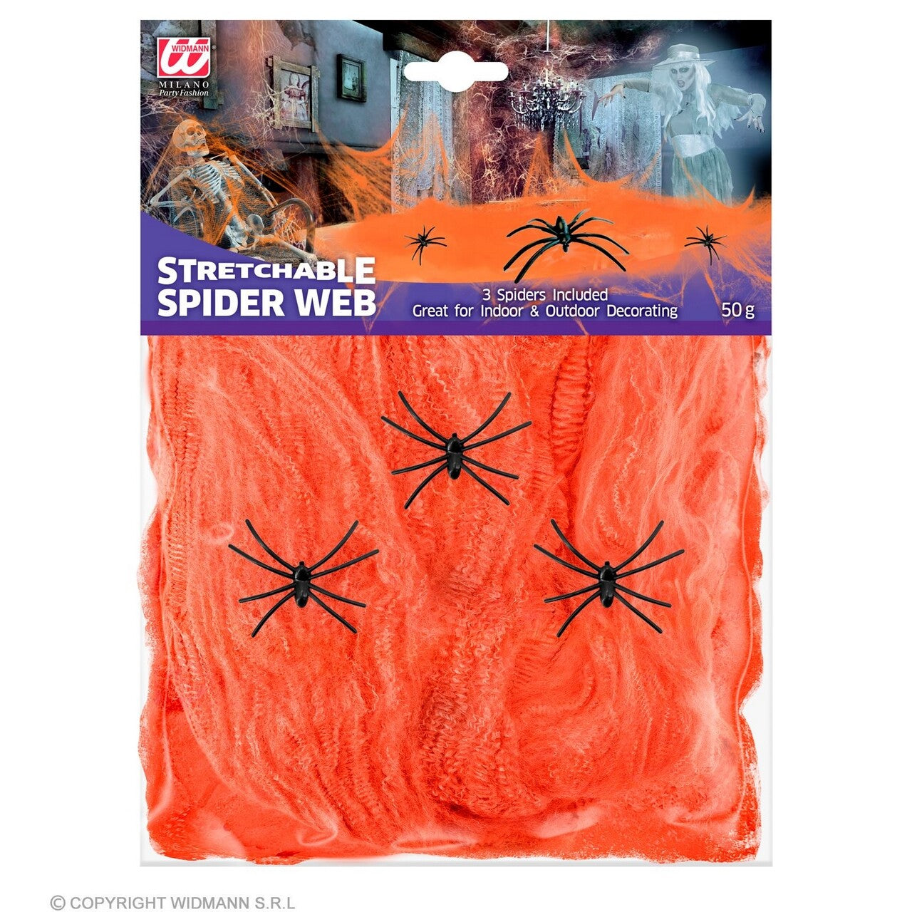 Op deze afbeelding zie je een Decoratie, van het merk Widmann. Spinnenweb Oranje Met 3 Zwarte Spinnen 50 Gram